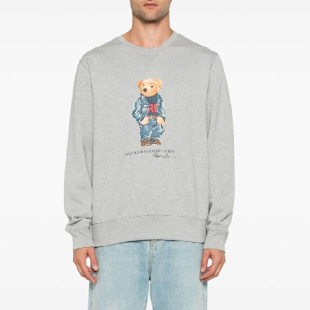Ralph Lauren Polo Bear Logo Fleece Sweatshirt Crew Neck Heather Denim Bear Gray - Picture 2 of 15